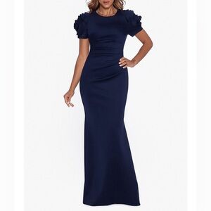 Xscape Navy Blue Rosette Short Sleeve Ruched Back Sheath Gown Women’s Size 8